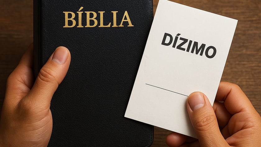 Mãos seguram uma Bíblia preta e um cartão branco com as palavras "Dízimo".