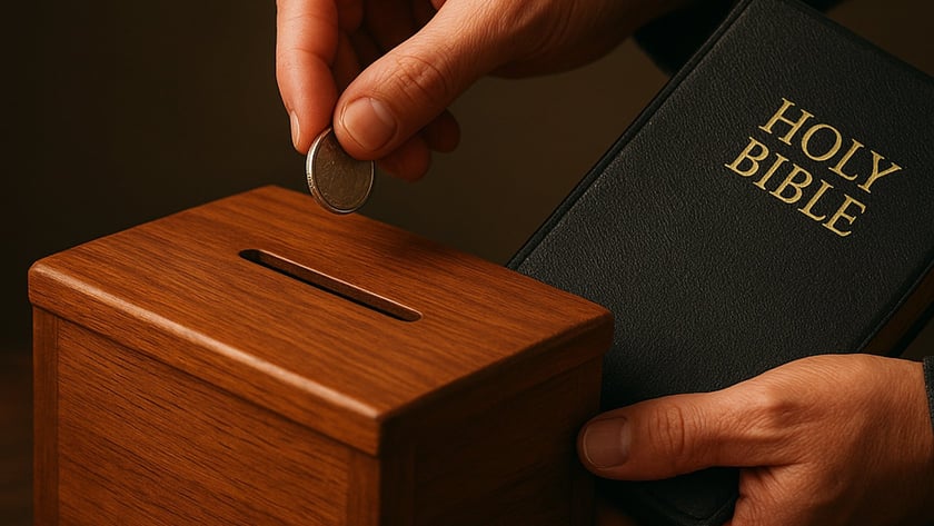 Mão coloca moeda em cofre de madeira, enquanto outra segura uma Bíblia: "HOLY BIBLE"