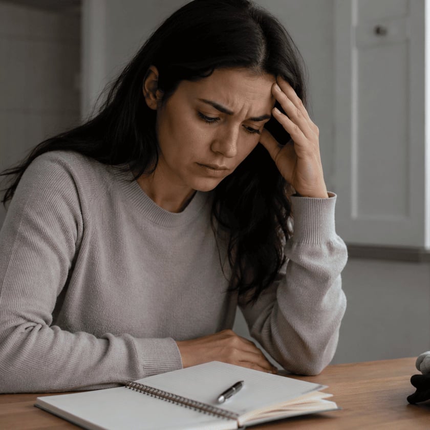 Mulher de cabelo escuro apoia a cabeça na mão à mesa, ao lado de caderno e roupas dobradas.
