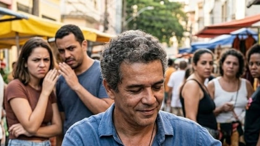 Homem de camisa azul afina um violão em uma feira de rua, com três mulheres ao fundo.