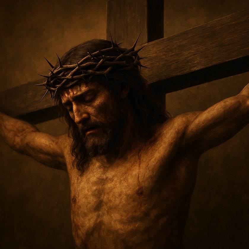 Homem barbado com coroa de espinhos, de olhos fechados, pregado em uma cruz de madeira.