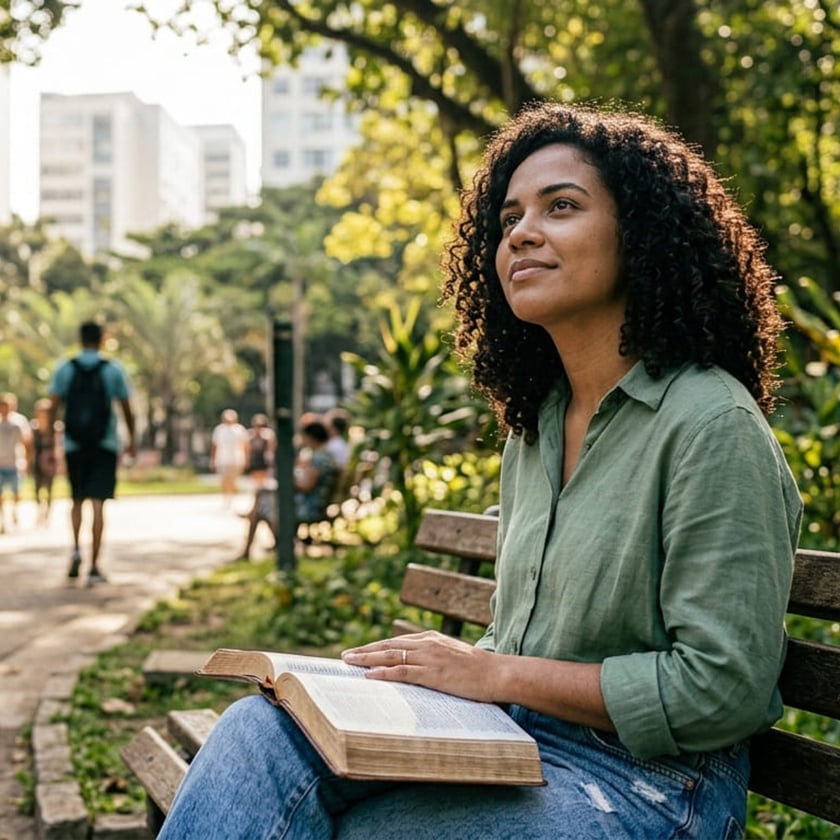 Mulher de cabelo cacheado senta num banco de parque com uma Bíblia aberta no colo.