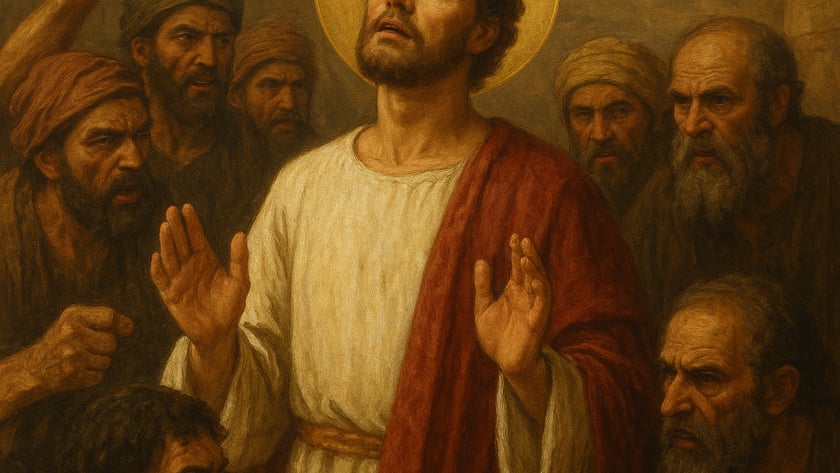 Homem de auréola e túnica branca ergue as mãos, cercado por homens barbados, um deles com pedra.