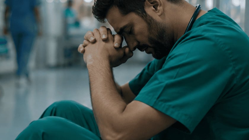 Profissional de saúde de uniforme verde sentado no chão de um corredor hospitalar