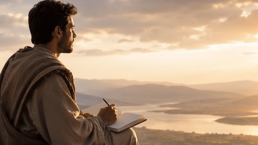 Homem de túnica e manto sentado numa rocha, escrevendo num caderno diante de um vale com rio.