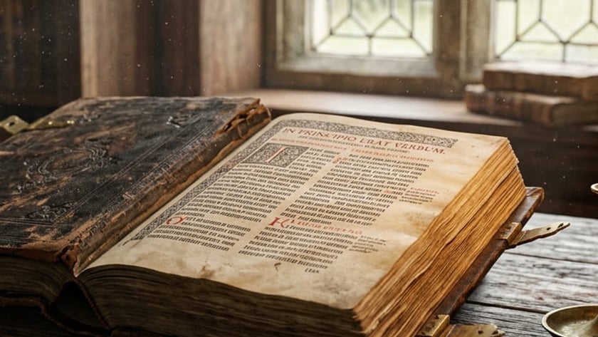Livro antigo aberto ao lado de uma vela acesa, sob janela de vitral: "In principio erat verbum".
