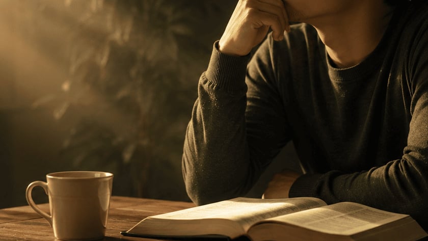 Homem de suéter escuro apoia o queixo na mão, olhando pela janela, ao lado de livro aberto e xícara.