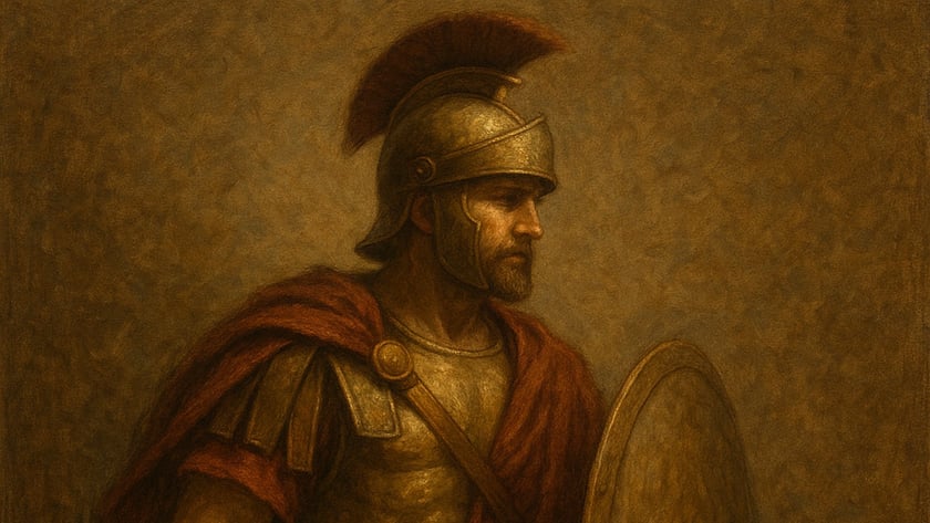 Soldado romano de capacete com crista, capa vermelha, espada e escudo redondo.