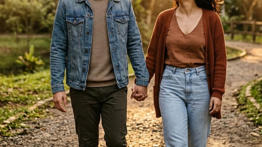 Casal de mãos dadas caminha sorrindo por uma trilha de cascalho em um parque arborizado.