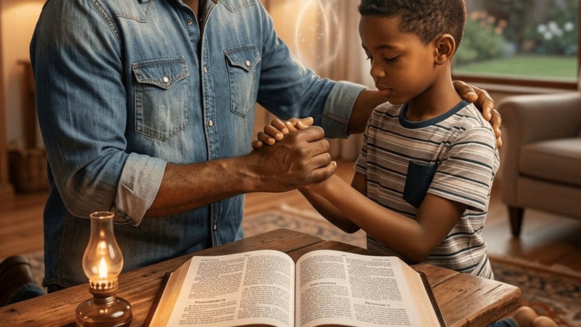 Homem de camisa jeans segura as mãos de um menino que reza, diante de uma Bíblia aberta.