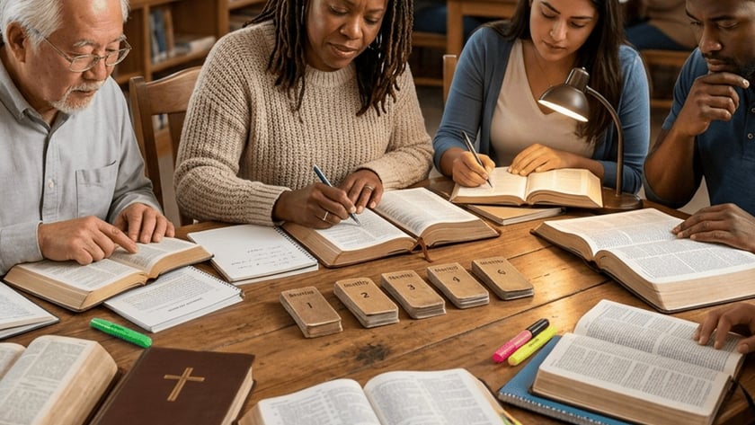 Pessoas de várias idades estudam Bíblias abertas em uma mesa de madeira numa biblioteca.