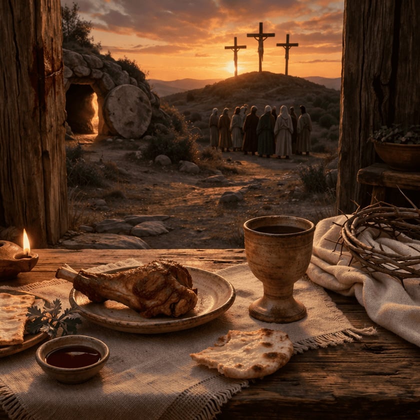 Mesa com cordeiro assado, pães e cálice; ao fundo, três cruzes, túmulo aberto e mulheres.