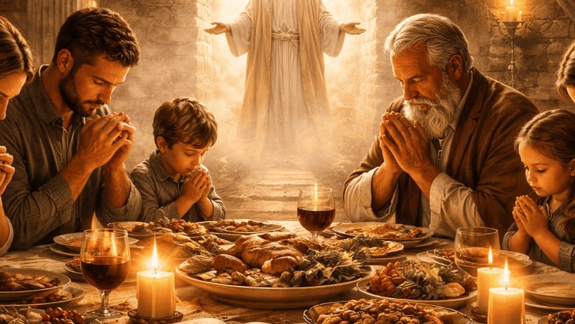 Família de mãos postas reza à mesa farta, enquanto figura de túnica branca abre os braços.