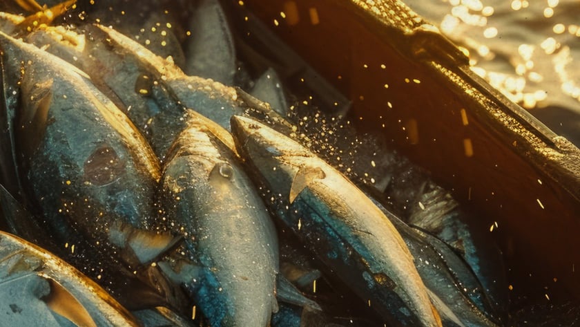 Atuns prateados e azulados amontoados em uma caixa de madeira ao lado do mar.