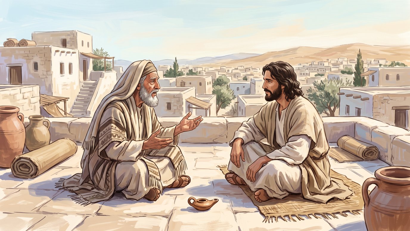Dois homens conversam sentados no terraço de uma casa, com uma vila ao fundo.