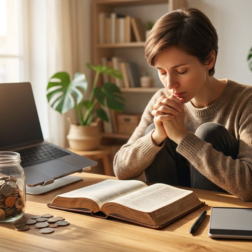 Mulher de cabelo curto reza de olhos fechados à mesa, com Bíblia, moedas e notebook.