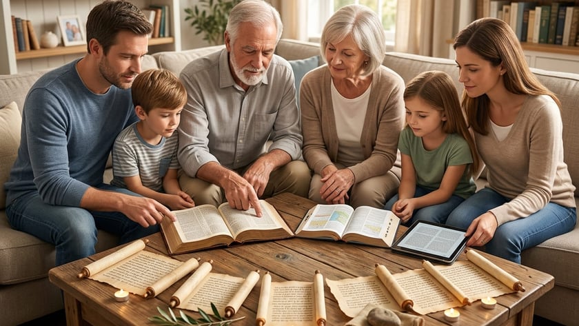 Família de três gerações lê Bíblias, pergaminhos e um tablet sobre a mesa da sala.