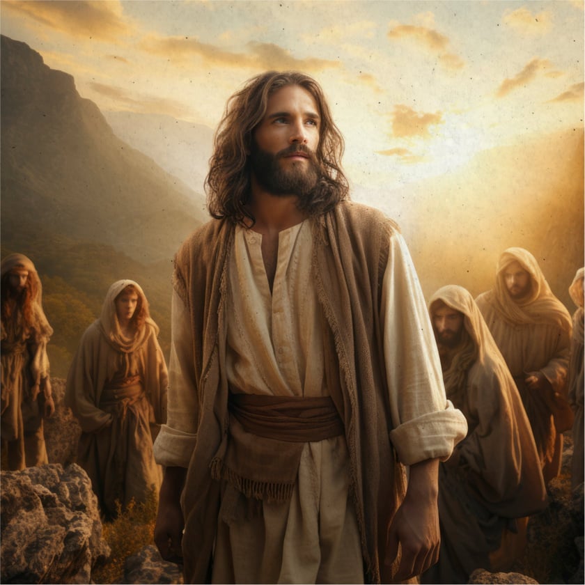 Homem de cabelo comprido e barba, em túnica clara, está à frente de figuras encapuzadas