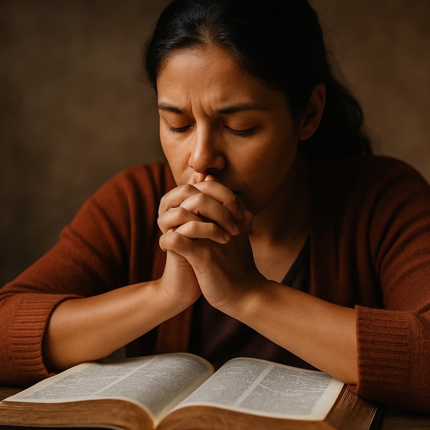 Mulher de cardigã marrom, de olhos fechados e mãos unidas, ora diante de uma Bíblia aberta.