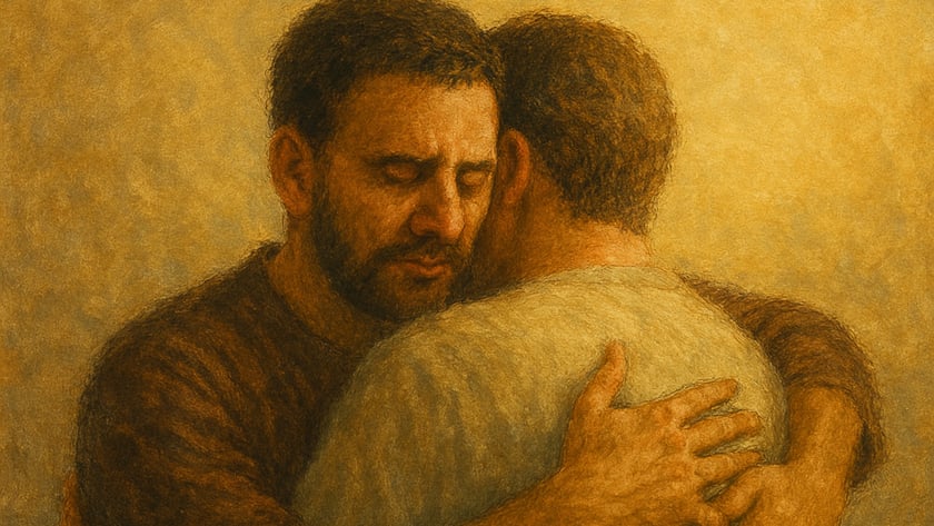 Dois homens se abraçam; um de barba e olhos fechados apoia o rosto no ombro do outro.