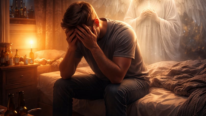 Homem sentado na cama cobre o rosto com as mãos, com um anjo atrás dele.