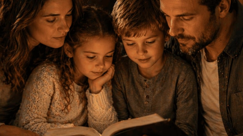 Família com dois filhos lendo juntos um livro grande no sofá, ao lado de uma luminária.