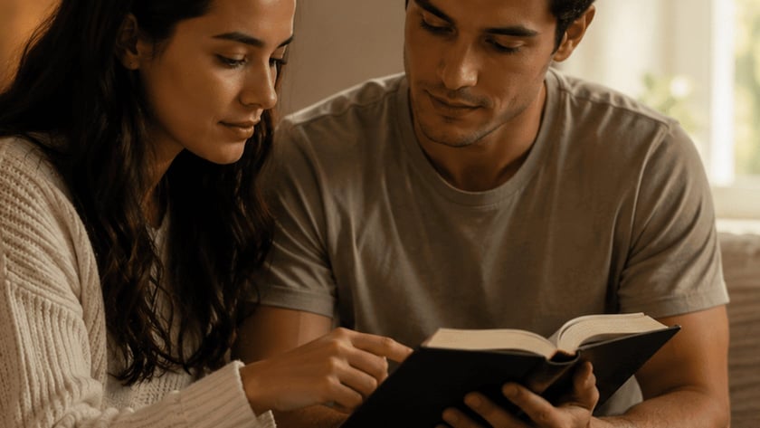 Homem e mulher sentados no sofá leem juntos um livro aberto na sala.
