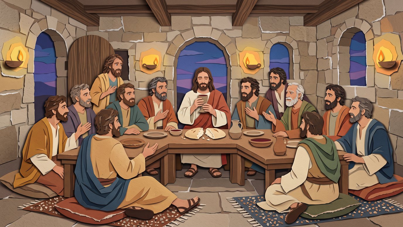 Treze homens barbados sentados ao redor de uma mesa com pão e jarros, numa sala de pedra.