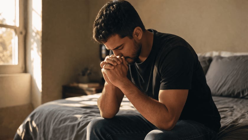 Homem de barba sentado na beira da cama, de cabeça baixa e mãos unidas junto ao rosto.