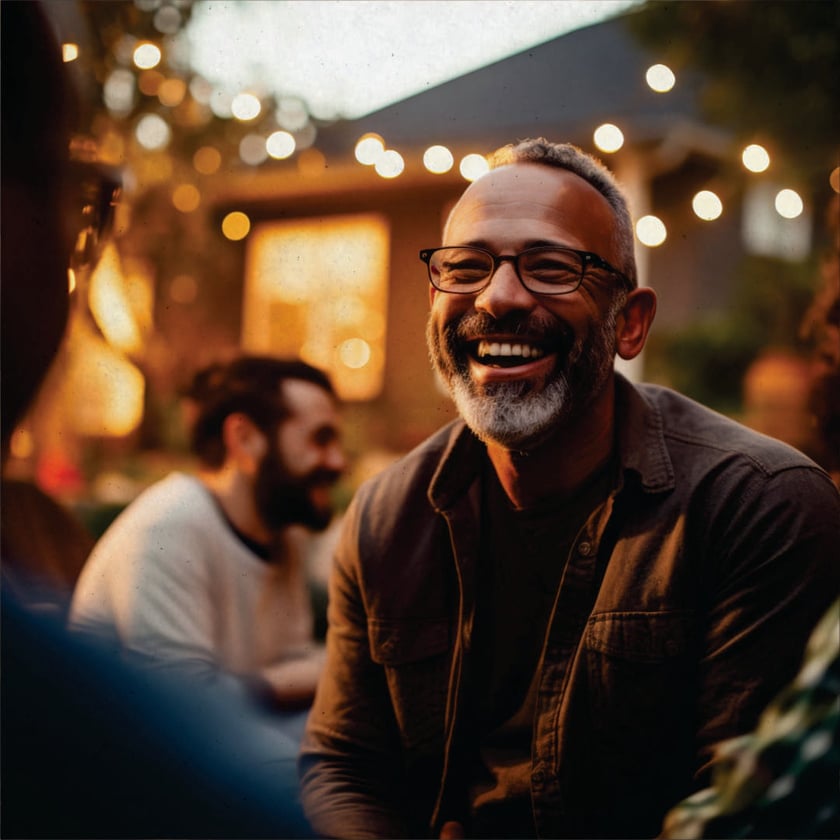 Homem de óculos e barba grisalha rindo em um jardim com luzes ao fundo.