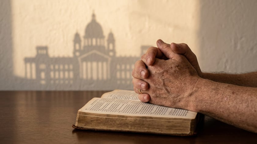 Mãos entrelaçadas de um idoso sobre uma Bíblia aberta, com sombra de catedral ao fundo.