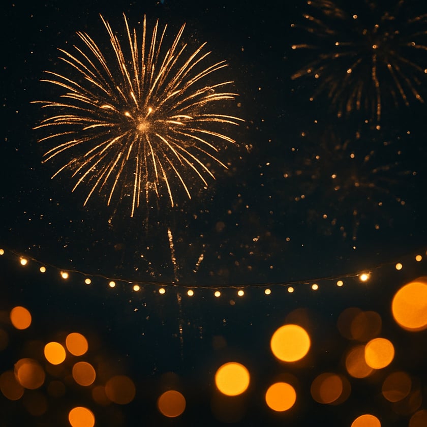 Fogos de artifício dourados explodem no céu noturno acima de um fio de luzes acesas.