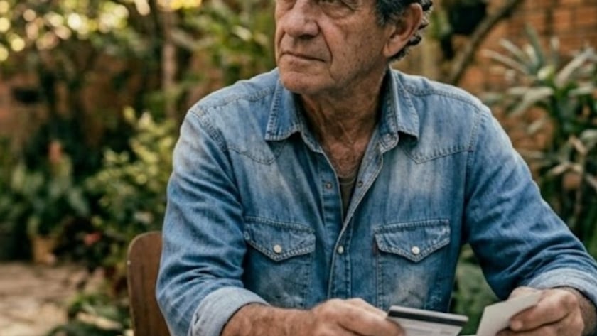 Homem de camisa jeans sentado a uma mesa em um quintal com plantas.