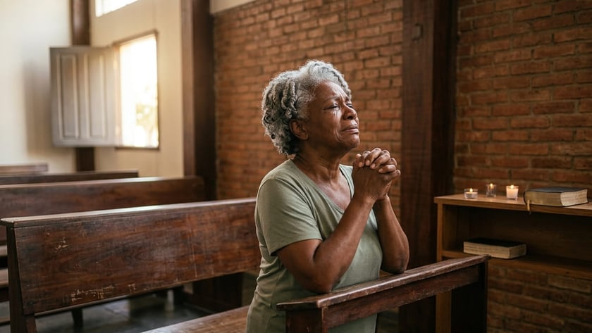 Mulher idosa de cabelos grisalhos ajoelhada, com as mãos unidas, em um banco de igreja.