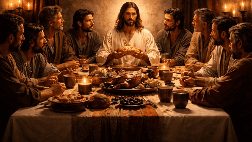 Homem de túnica branca segura um pão à mesa, cercado por seis homens e comida.