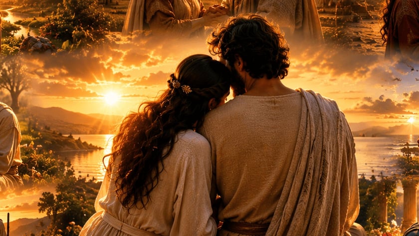 Casais em trajes antigos se abraçam ao pôr do sol; no centro, um casal sentado de costas.