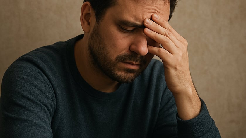 Homem de barba e suéter azul-escuro, de olhos fechados, com a mão na testa.