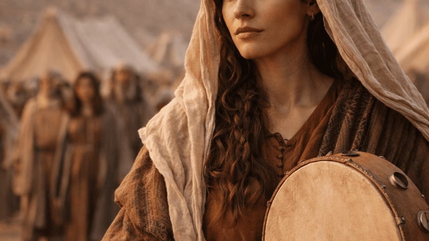 Mulher de manto e véu claro segura um pandeiro diante de tendas no deserto.