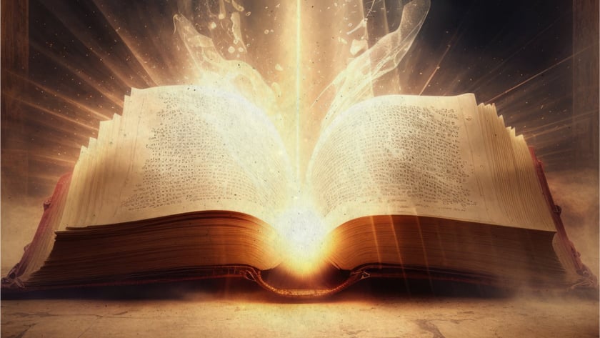 Livro grande aberto sobre piso de pedra, com feixe de luz saindo das páginas.
