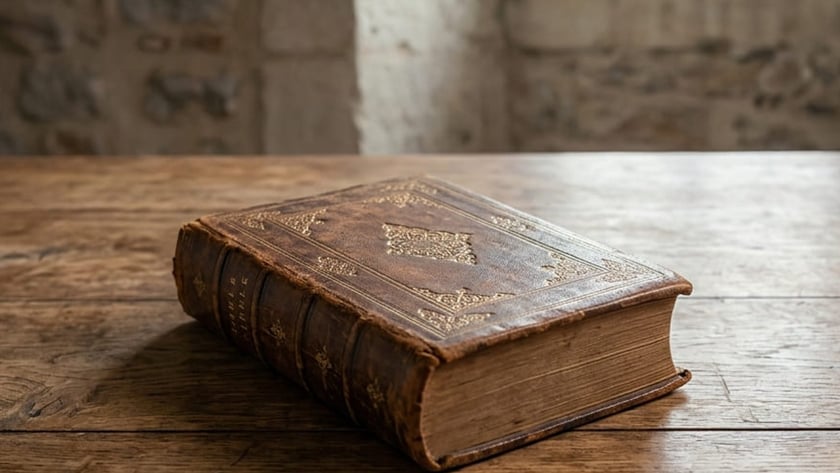 Livro antigo de capa de couro com detalhes dourados sobre mesa de madeira rústica.