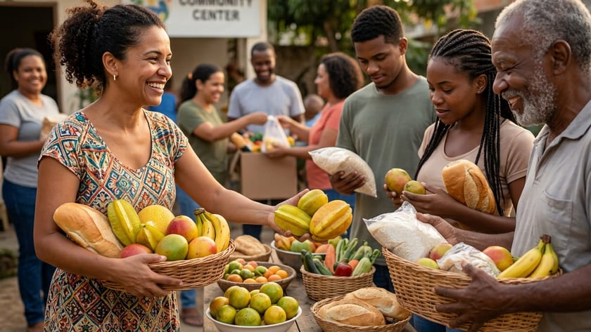 Mulher oferece carambolas a pessoas em distribuição de alimentos diante de "COMMUNITY CENTER".
