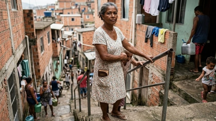Mulher de vestido florido, com uma Bíblia no bolso, segura uma idosa numa escadaria de favela.