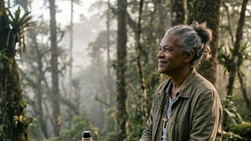 Banco de madeira com garrafa térmica e óculos, ao lado de pessoa com livro em floresta nublada.