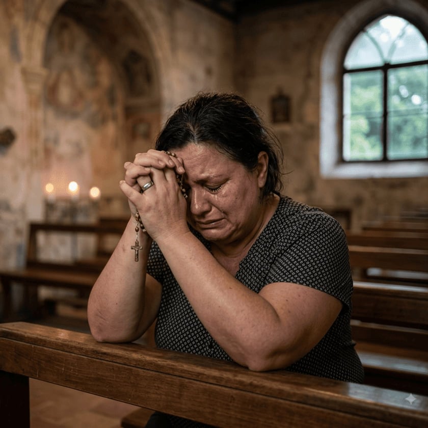 Mulher chorando, com as mãos unidas segurando um terço, ajoelhada em um banco de igreja antiga.
