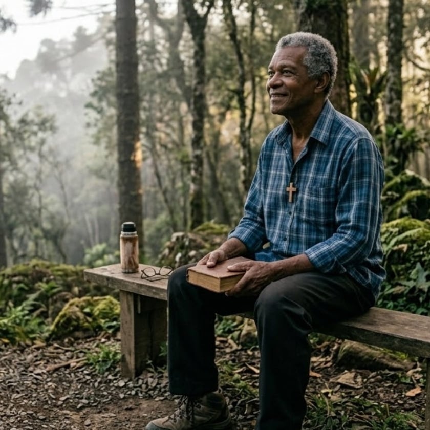 Pessoa sentada em banco na floresta enevoada, com livro no colo e garrafa térmica ao lado.