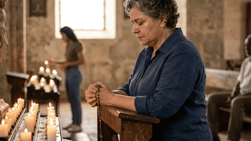 Mulher ajoelhada reza com um terço diante de velas e um crucifixo em uma igreja antiga.