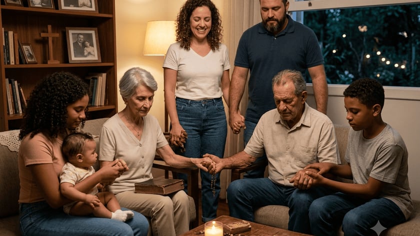 Família de várias gerações de mãos dadas em oração na sala, com vela acesa.