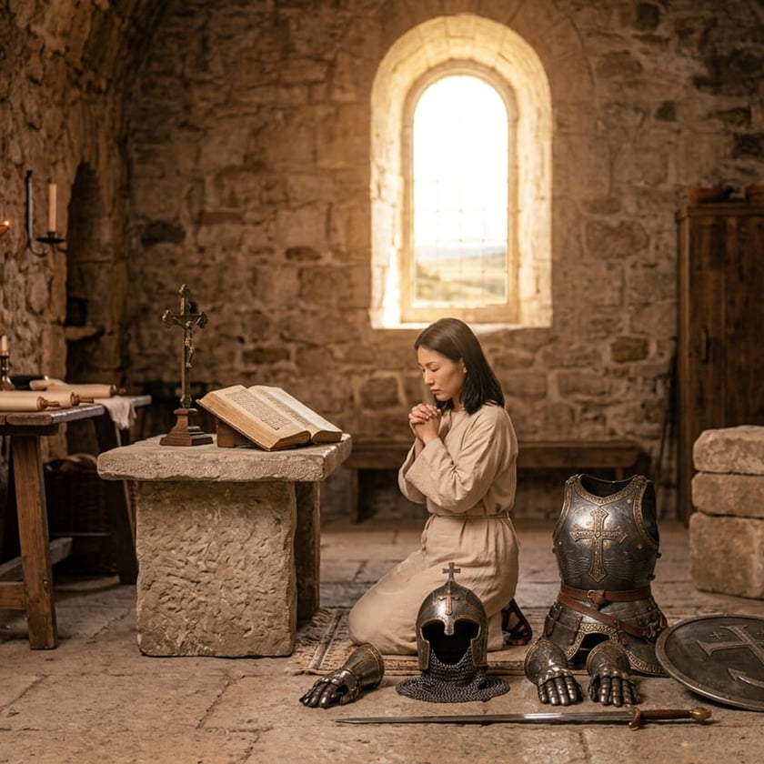 Mulher de túnica ajoelhada reza diante de um altar de pedra, ao lado de armadura medieval.