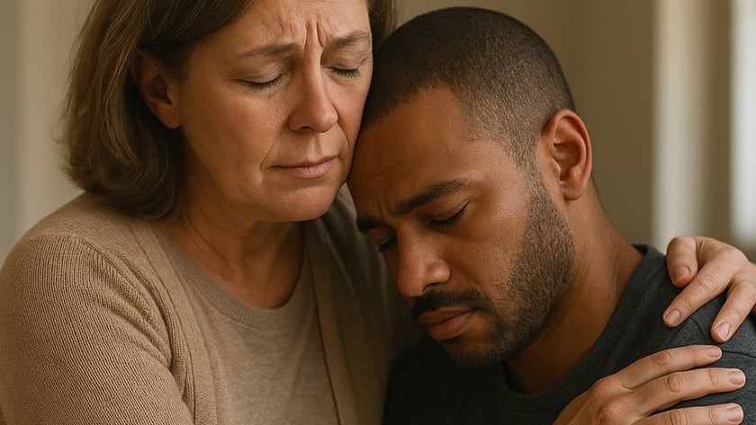 Mulher de meia-idade abraça um homem de barba curta, que apoia a cabeça nela.