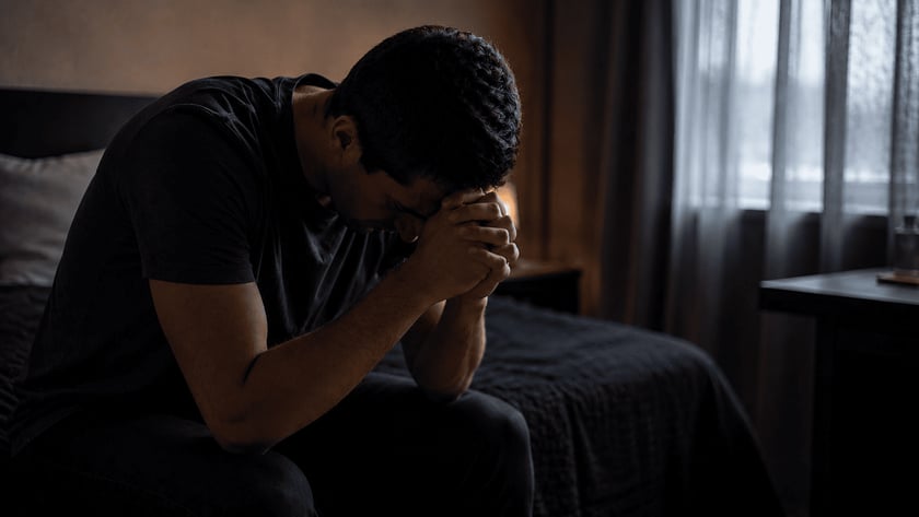 Homem sentado na beira da cama, com o rosto apoiado nas mãos entrelaçadas.